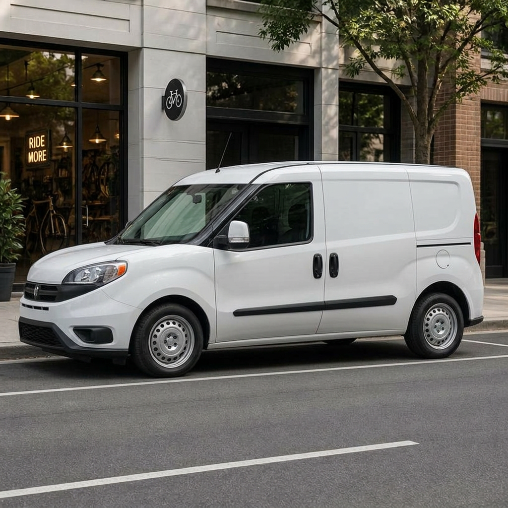 An unbranded white Fiat Doblò Cargo van used for bicycle collect and return