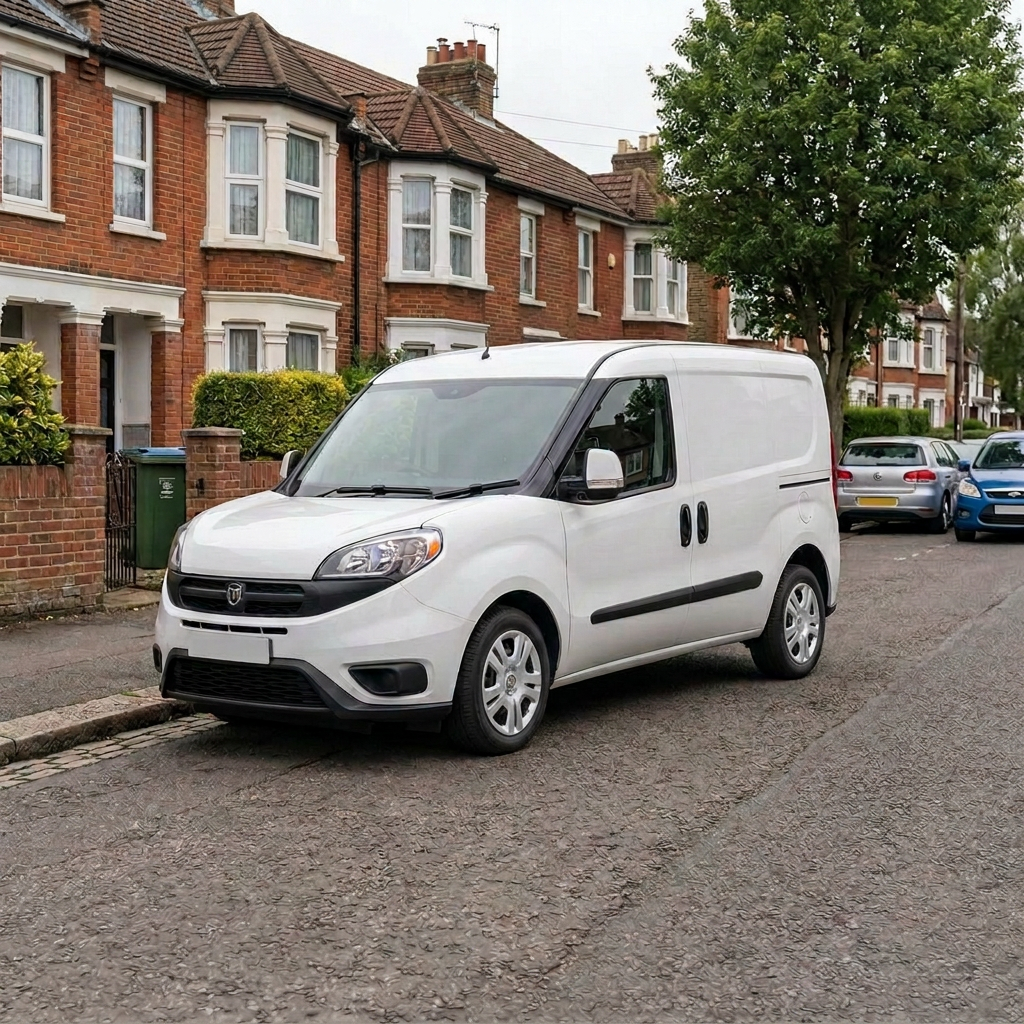 An unbranded white Fiat Doblò Cargo van used for bicycle collect and return